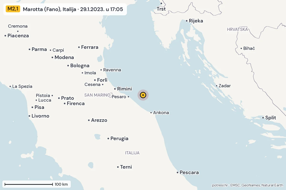 Karta: šire područje, 600 km, potres M2,1, Marotta (Fano), Italija, 29.1.2023.