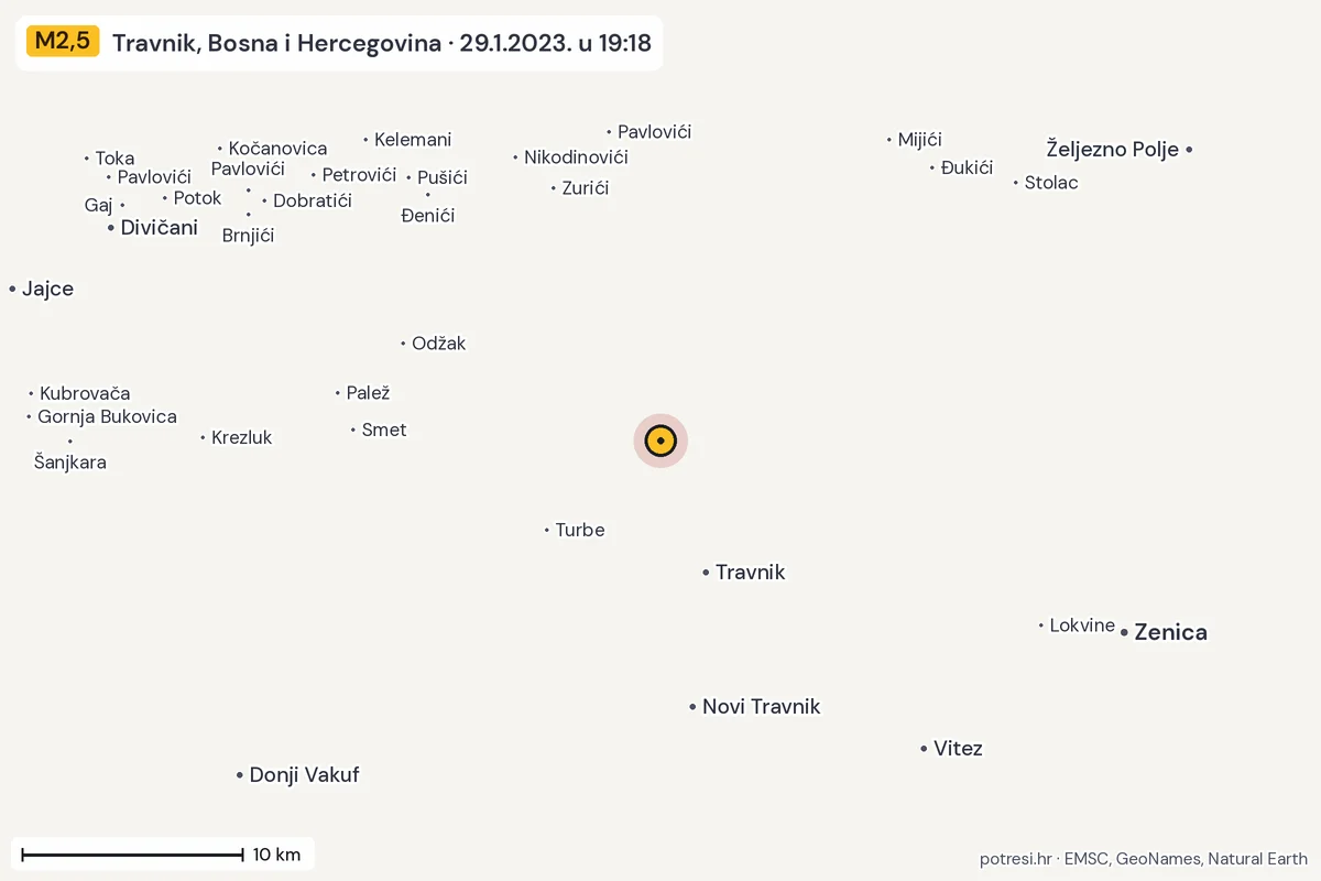 Karta: okolica epicentra, 60 km, potres M2,5, Travnik, Bosna i Hercegovina, 29.1.2023.