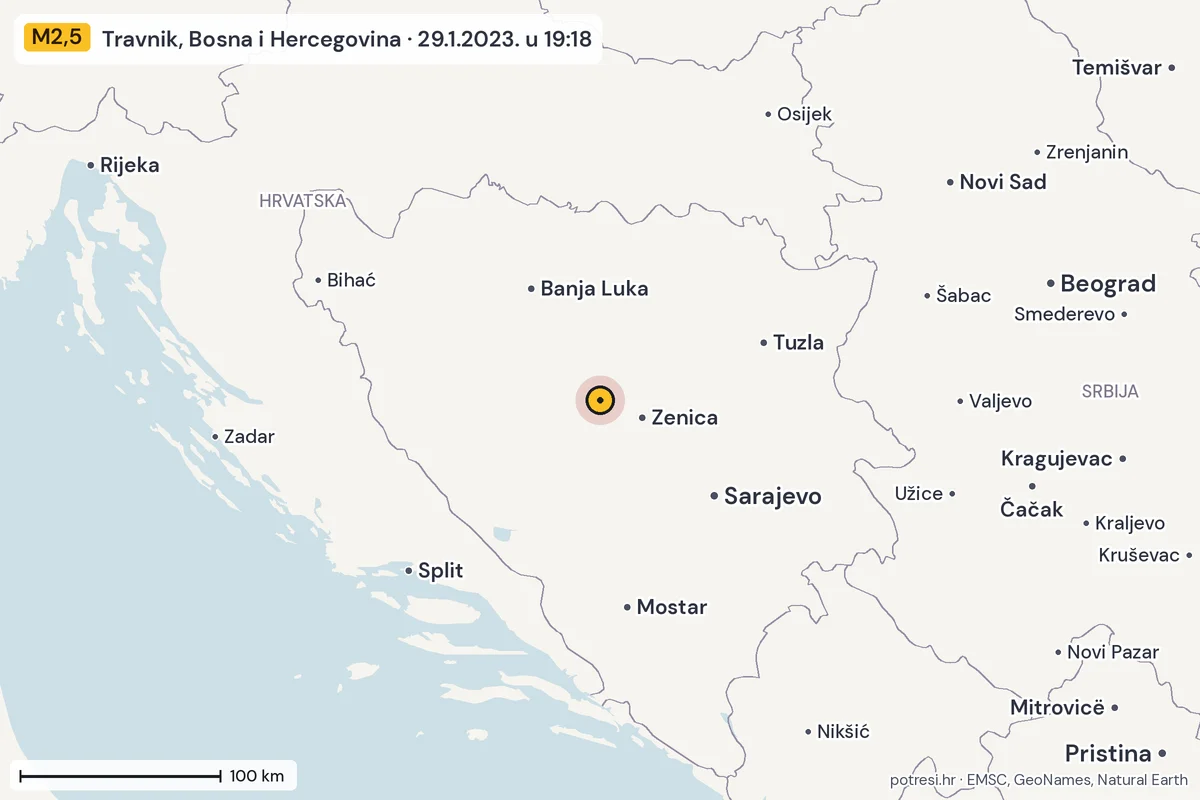 Karta: šire područje, 600 km, potres M2,5, Travnik, Bosna i Hercegovina, 29.1.2023.