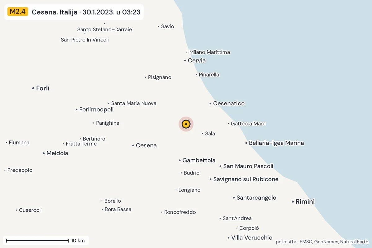 Karta: okolica epicentra, 60 km, potres M2,4, Cesena, Italija, 30.1.2023.
