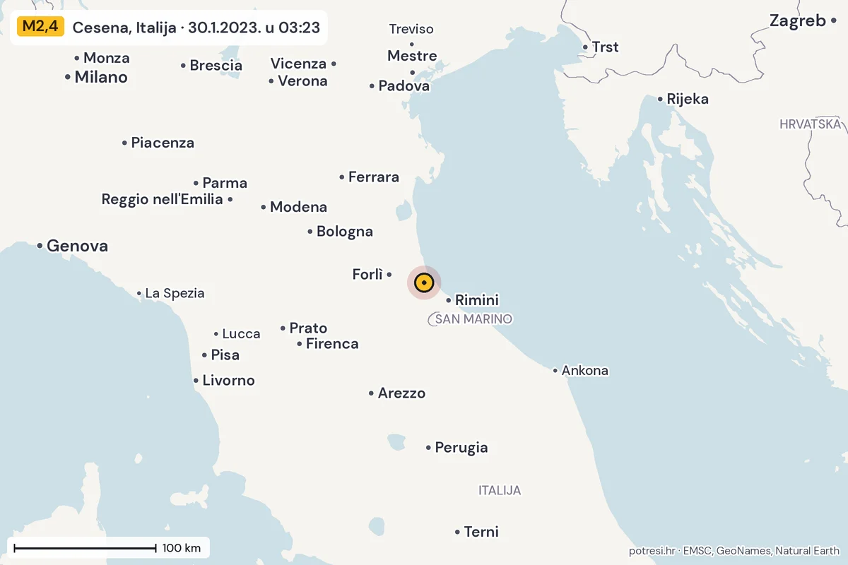 Karta: šire područje, 600 km, potres M2,4, Cesena, Italija, 30.1.2023.