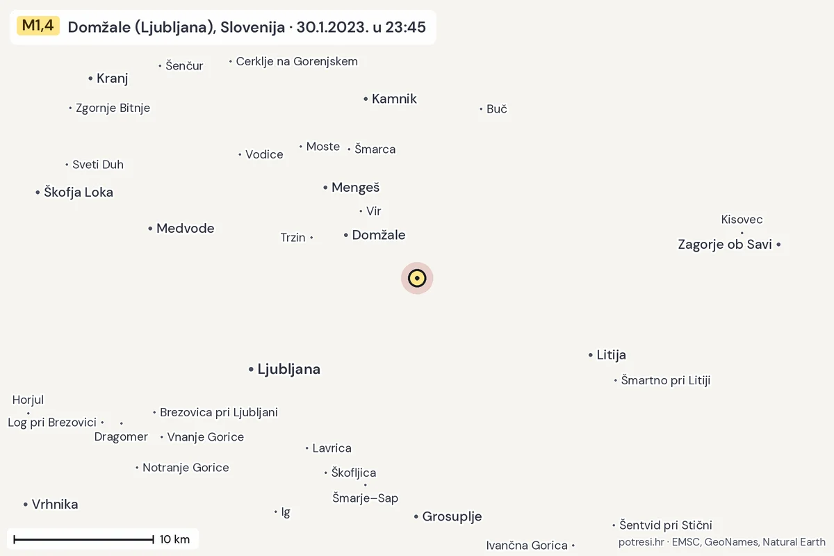 Karta: okolica epicentra, 60 km, potres M1,4, Domžale (Ljubljana), Slovenija, 30.1.2023.