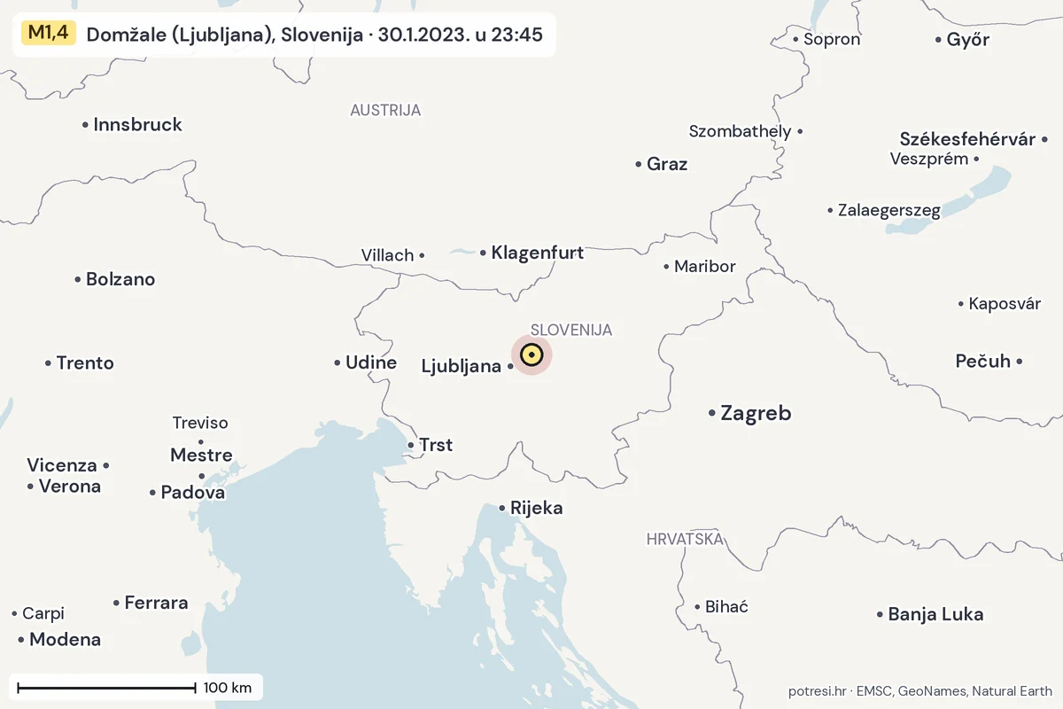 Karta: šire područje, 600 km, potres M1,4, Domžale (Ljubljana), Slovenija, 30.1.2023.