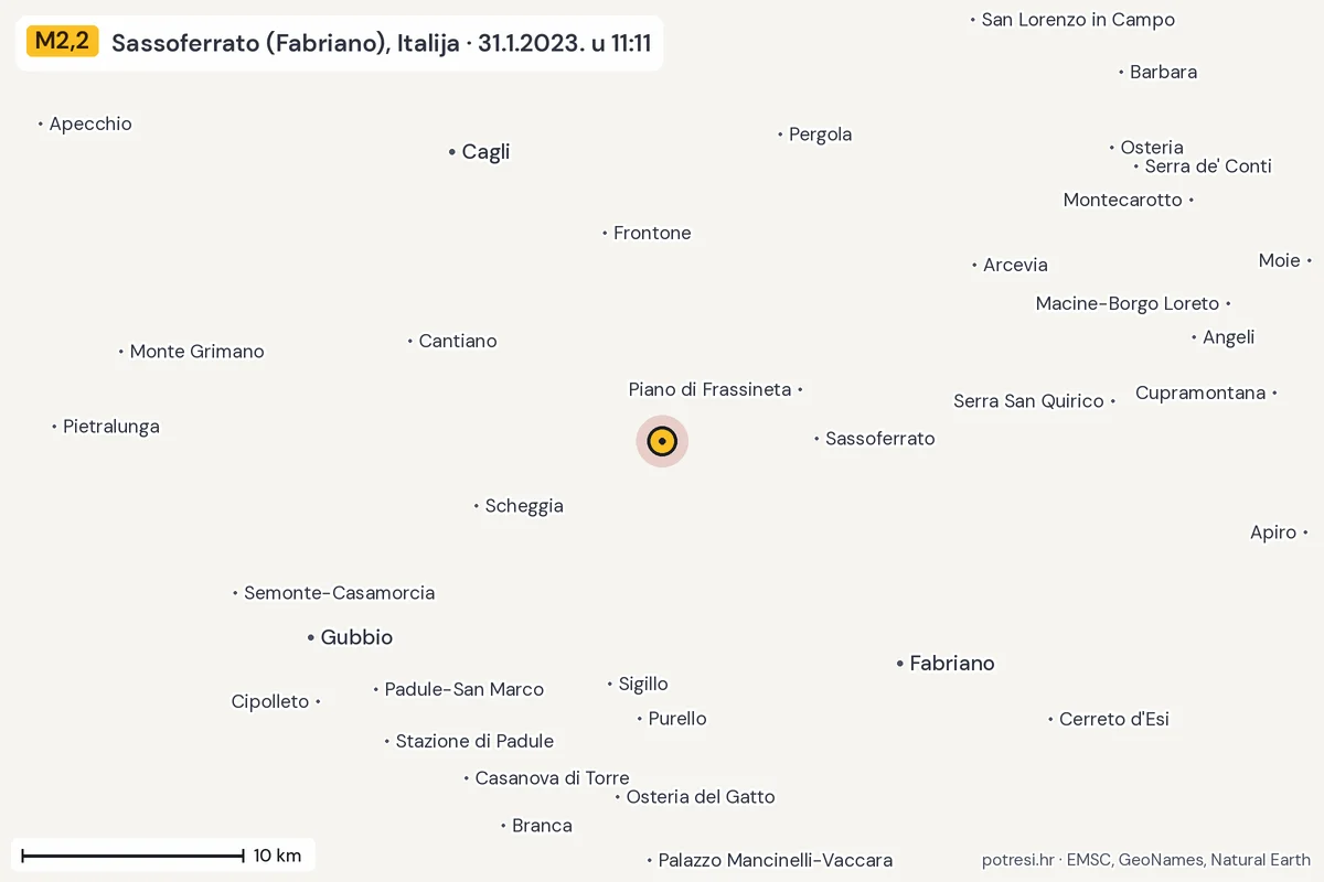 Karta: okolica epicentra, 60 km, potres M2,2, Sassoferrato (Fabriano), Italija, 31.1.2023.