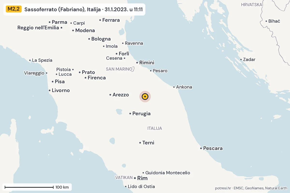 Karta: šire područje, 600 km, potres M2,2, Sassoferrato (Fabriano), Italija, 31.1.2023.
