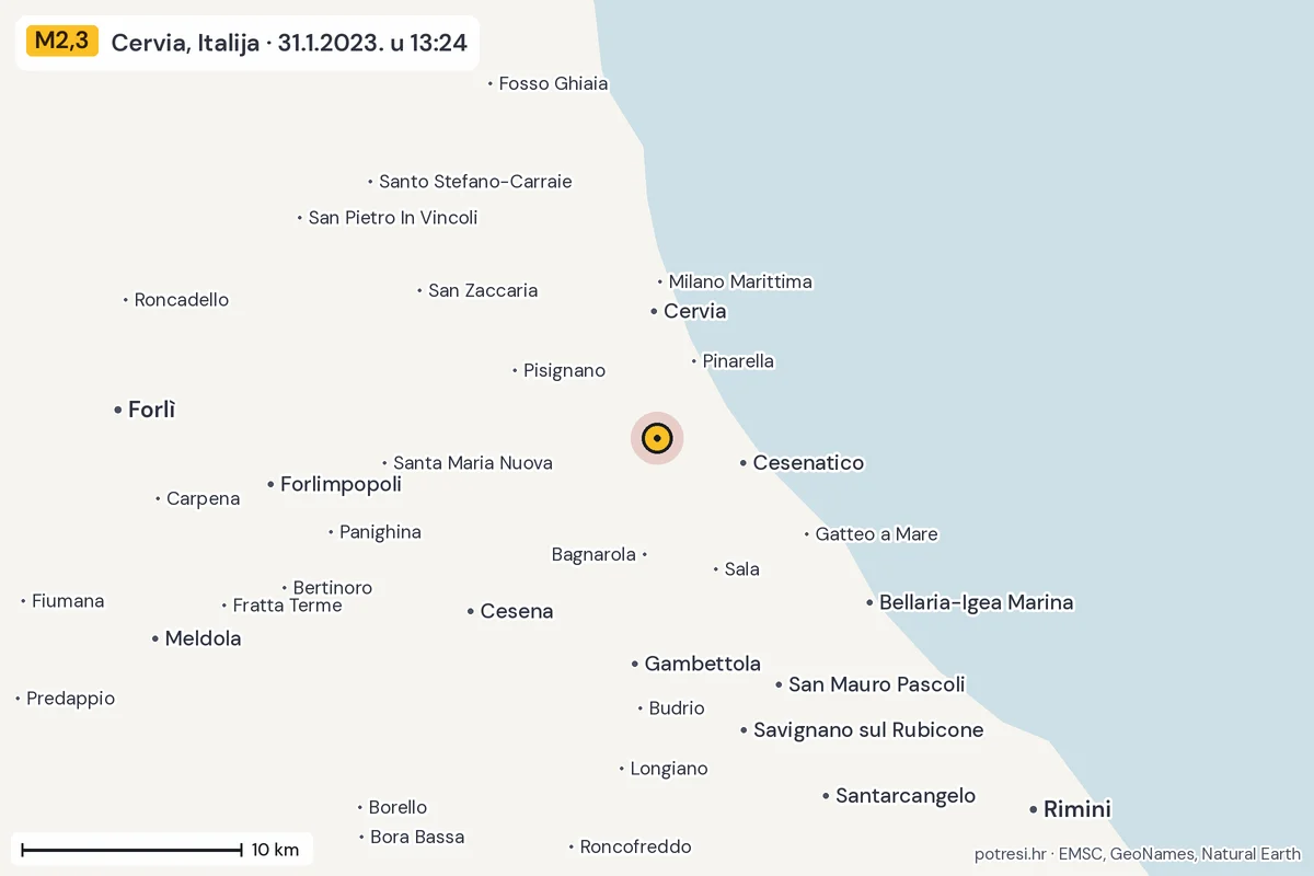 Karta: okolica epicentra, 60 km, potres M2,3, Cervia, Italija, 31.1.2023.