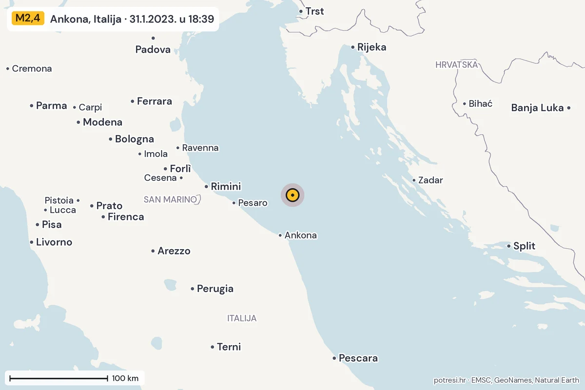 Karta: šire područje, 600 km, potres M2,4, Ankona, Italija, 31.1.2023.