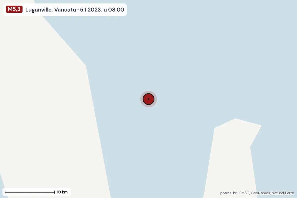 Karta: okolica epicentra, 60 km, potres M5,3, Luganville, Vanuatu, 5.1.2023.