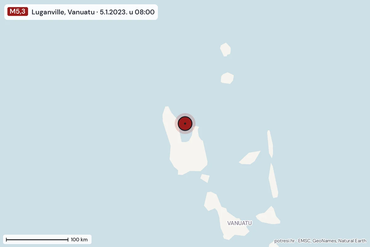 Karta: šire područje, 600 km, potres M5,3, Luganville, Vanuatu, 5.1.2023.