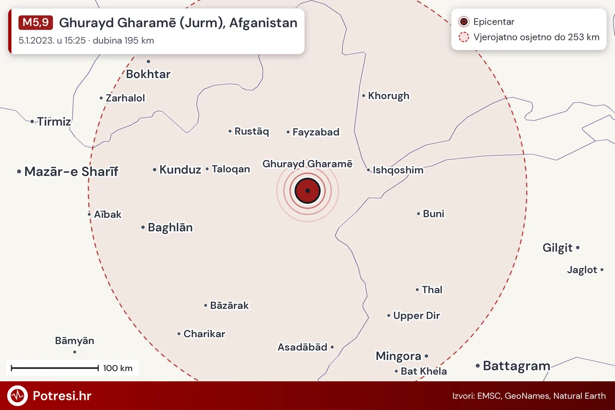 Karta: šire područje i vjerojatni doseg osjeta, potres M5,9, Ghurayd Gharamē (Jurm), Afganistan, 5.1.2023.