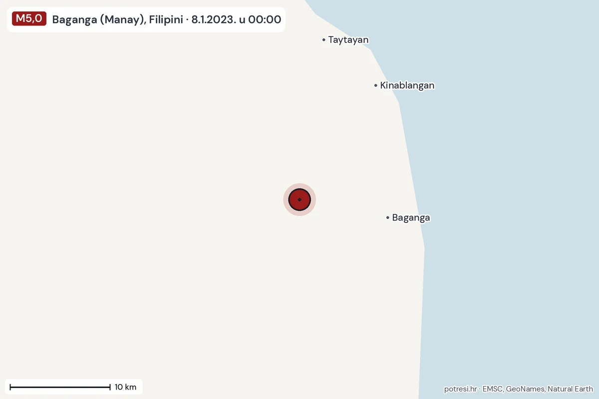Karta: okolica epicentra, 60 km, potres M5,0, Baganga (Manay), Filipini, 8.1.2023.