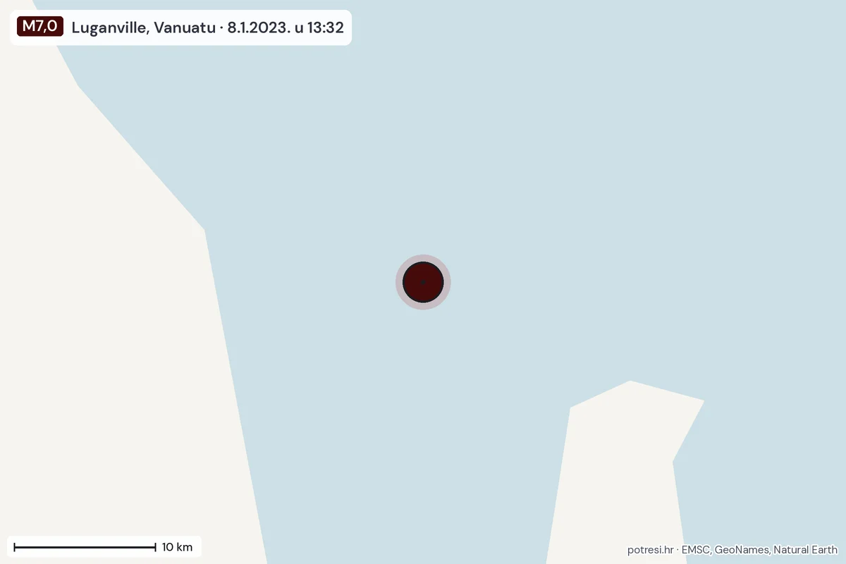 Karta: okolica epicentra, 60 km, potres M7,0, Luganville, Vanuatu, 8.1.2023.