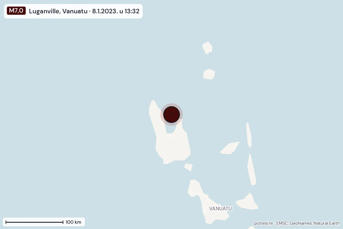 Karta: šire područje, 600 km, potres M7,0, Luganville, Vanuatu, 8.1.2023.