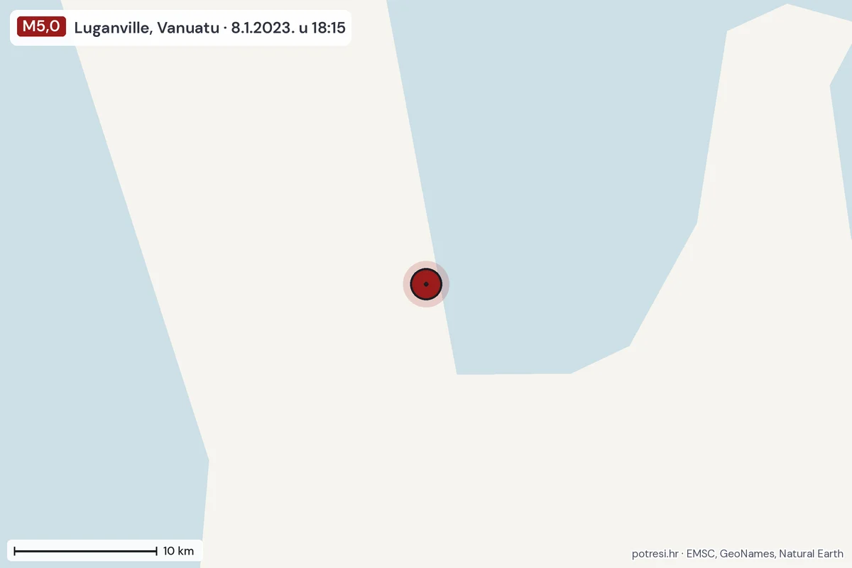 Karta: okolica epicentra, 60 km, potres M5,0, Luganville, Vanuatu, 8.1.2023.