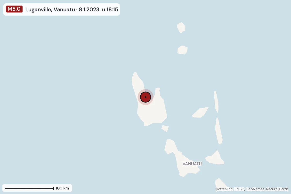Karta: šire područje, 600 km, potres M5,0, Luganville, Vanuatu, 8.1.2023.