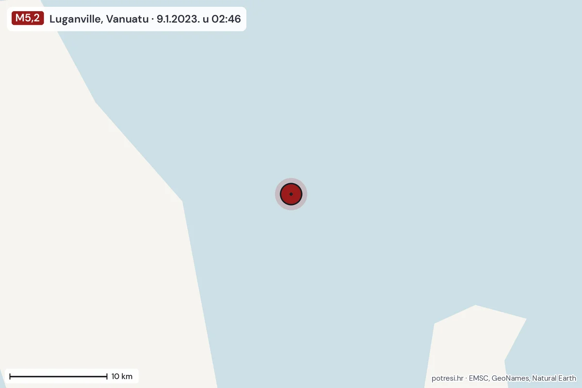 Karta: okolica epicentra, 60 km, potres M5,2, Luganville, Vanuatu, 9.1.2023.