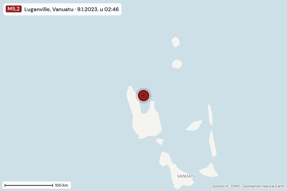 Karta: šire područje, 600 km, potres M5,2, Luganville, Vanuatu, 9.1.2023.