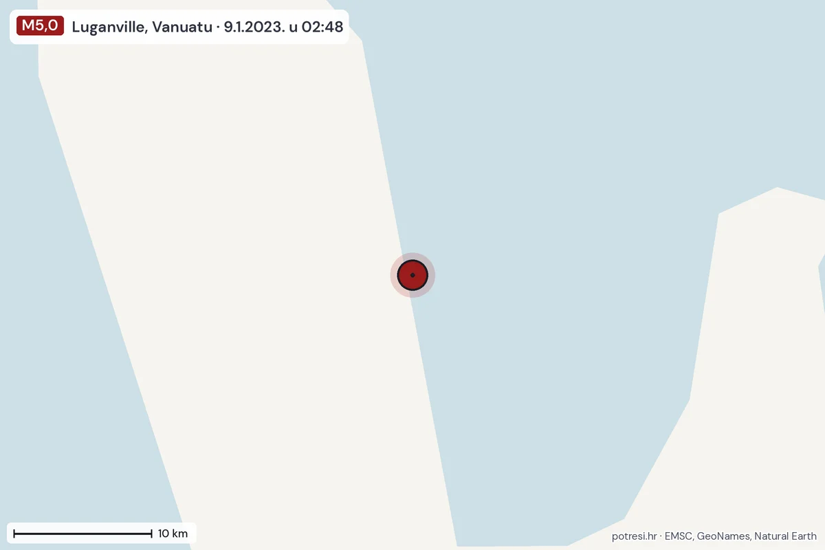 Karta: okolica epicentra, 60 km, potres M5,0, Luganville, Vanuatu, 9.1.2023.
