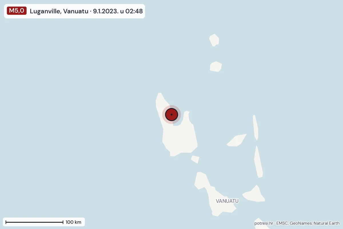 Karta: šire područje, 600 km, potres M5,0, Luganville, Vanuatu, 9.1.2023.