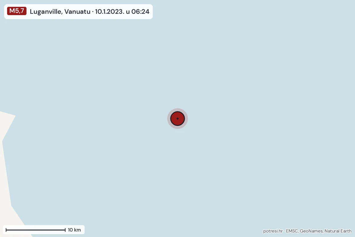 Karta: okolica epicentra, 60 km, potres M5,7, Luganville, Vanuatu, 10.1.2023.