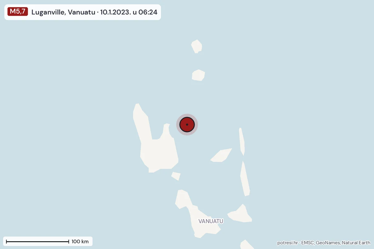 Karta: šire područje, 600 km, potres M5,7, Luganville, Vanuatu, 10.1.2023.