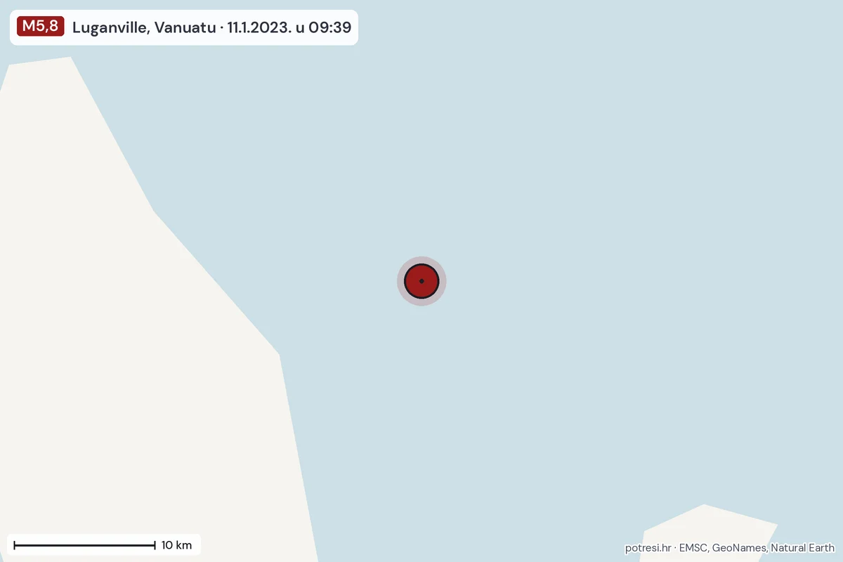 Karta: okolica epicentra, 60 km, potres M5,8, Luganville, Vanuatu, 11.1.2023.