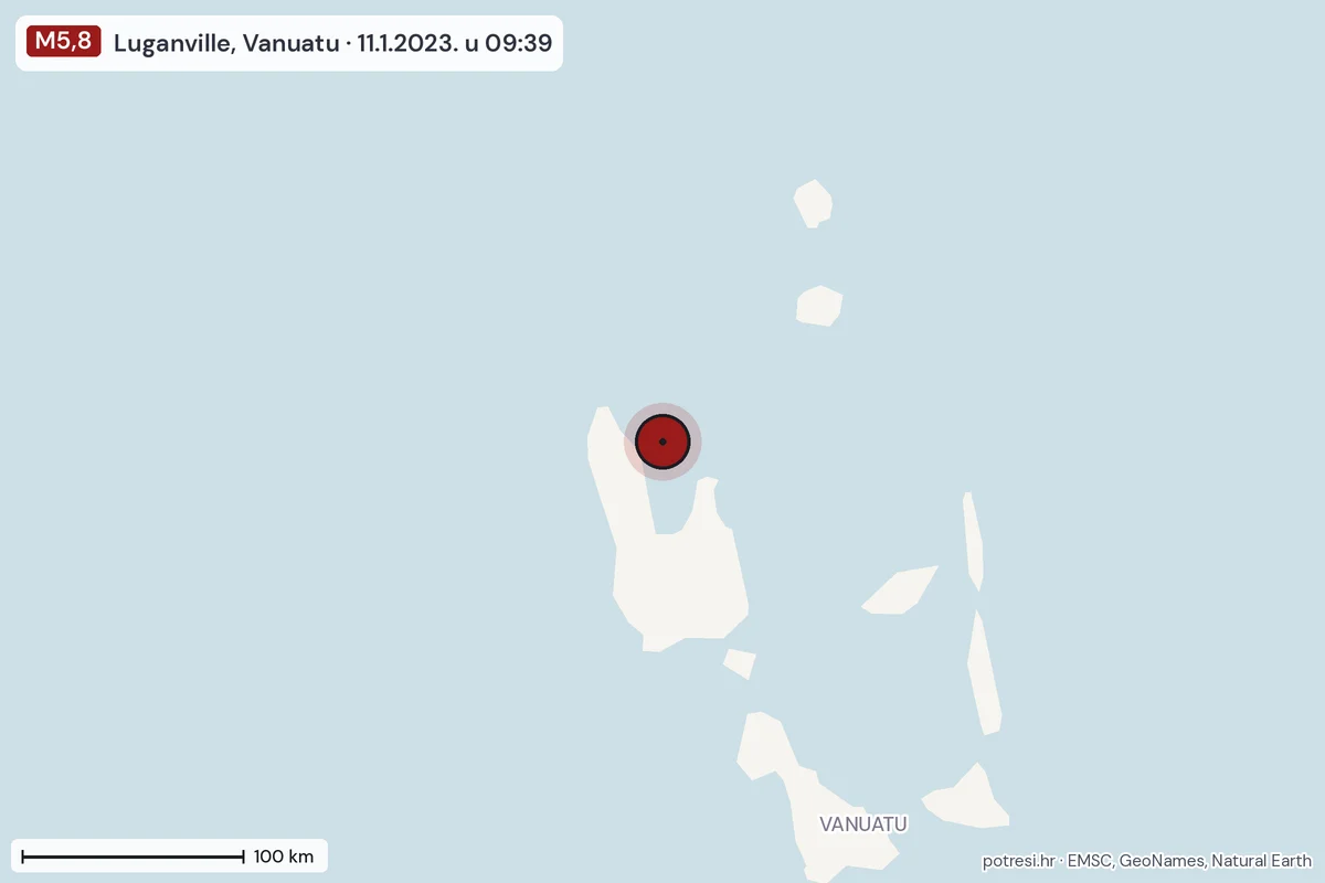 Karta: šire područje, 600 km, potres M5,8, Luganville, Vanuatu, 11.1.2023.