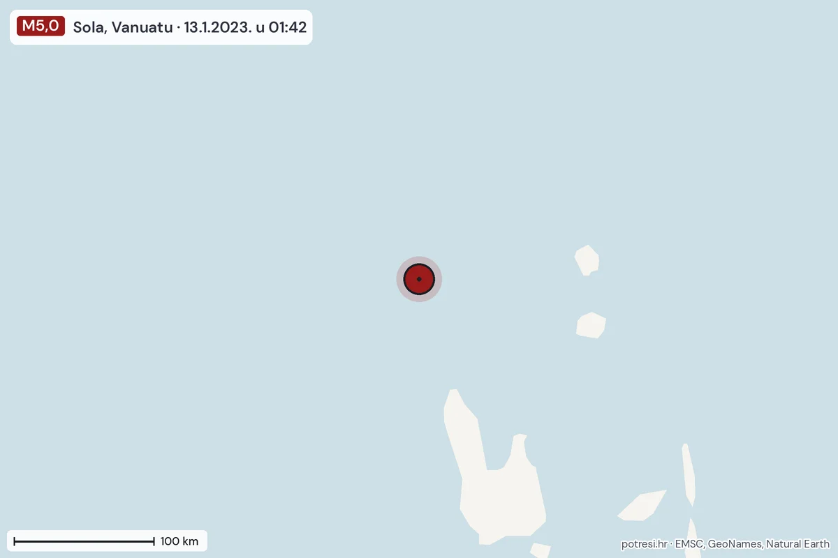Karta: šire područje, 600 km, potres M5,0, Sola, Vanuatu, 13.1.2023.