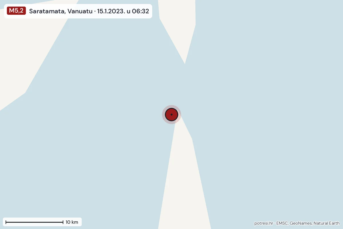 Karta: okolica epicentra, 60 km, potres M5,2, Saratamata, Vanuatu, 15.1.2023.