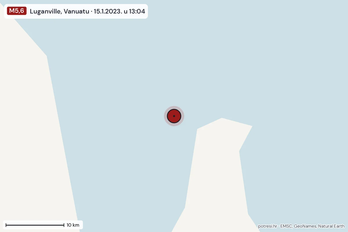 Karta: okolica epicentra, 60 km, potres M5,6, Luganville, Vanuatu, 15.1.2023.