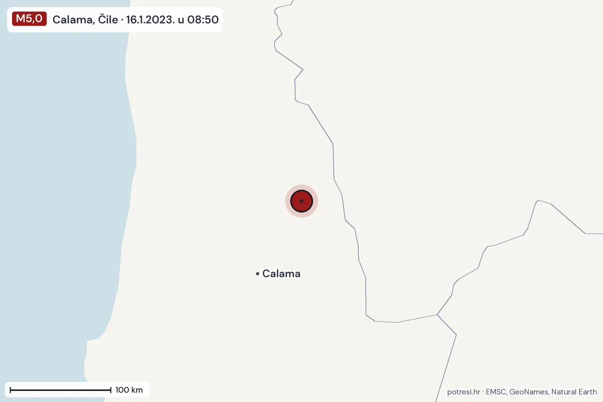 Karta: šire područje, 600 km, potres M5,0, Calama, Čile, 16.1.2023.