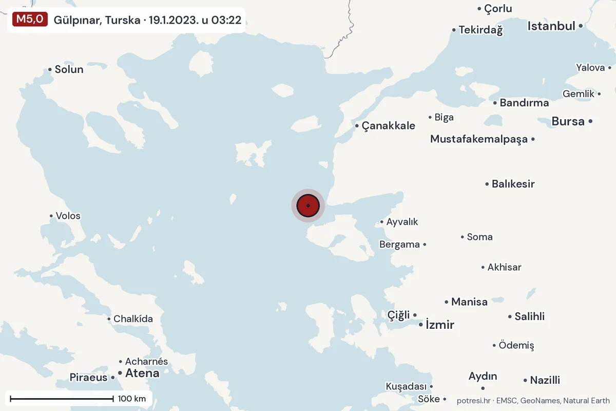 Karta: šire područje, 600 km, potres M5,0, Gülpınar, Turska, 19.1.2023.