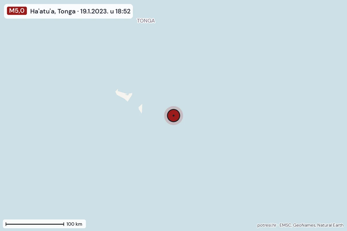 Karta: šire područje, 600 km, potres M5,0, Ha'atu'a, Tonga, 19.1.2023.