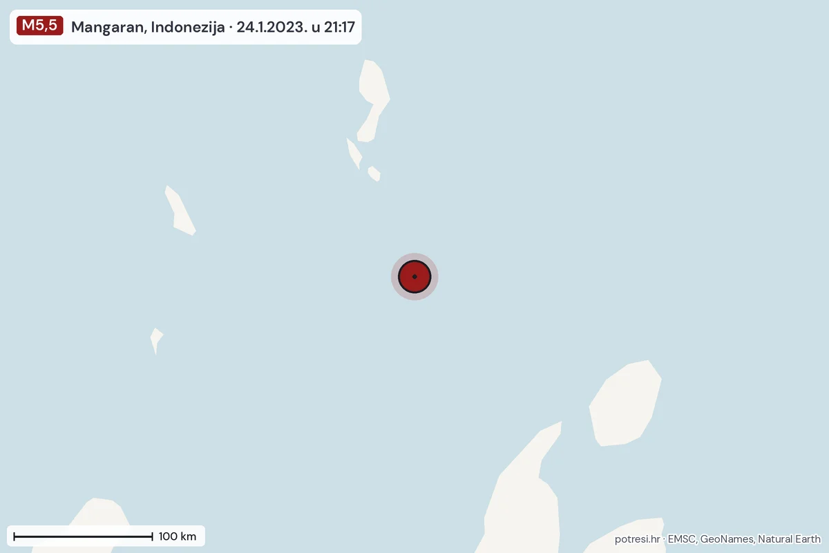 Karta: šire područje, 600 km, potres M5,5, Mangaran, Indonezija, 24.1.2023.