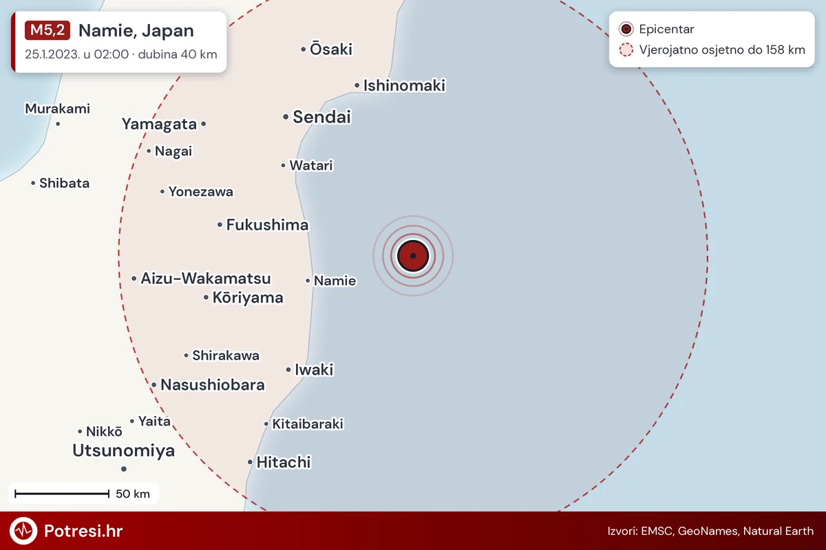Karta: šire područje i vjerojatni doseg osjeta, potres M5,2, Namie, Japan, 25.1.2023.