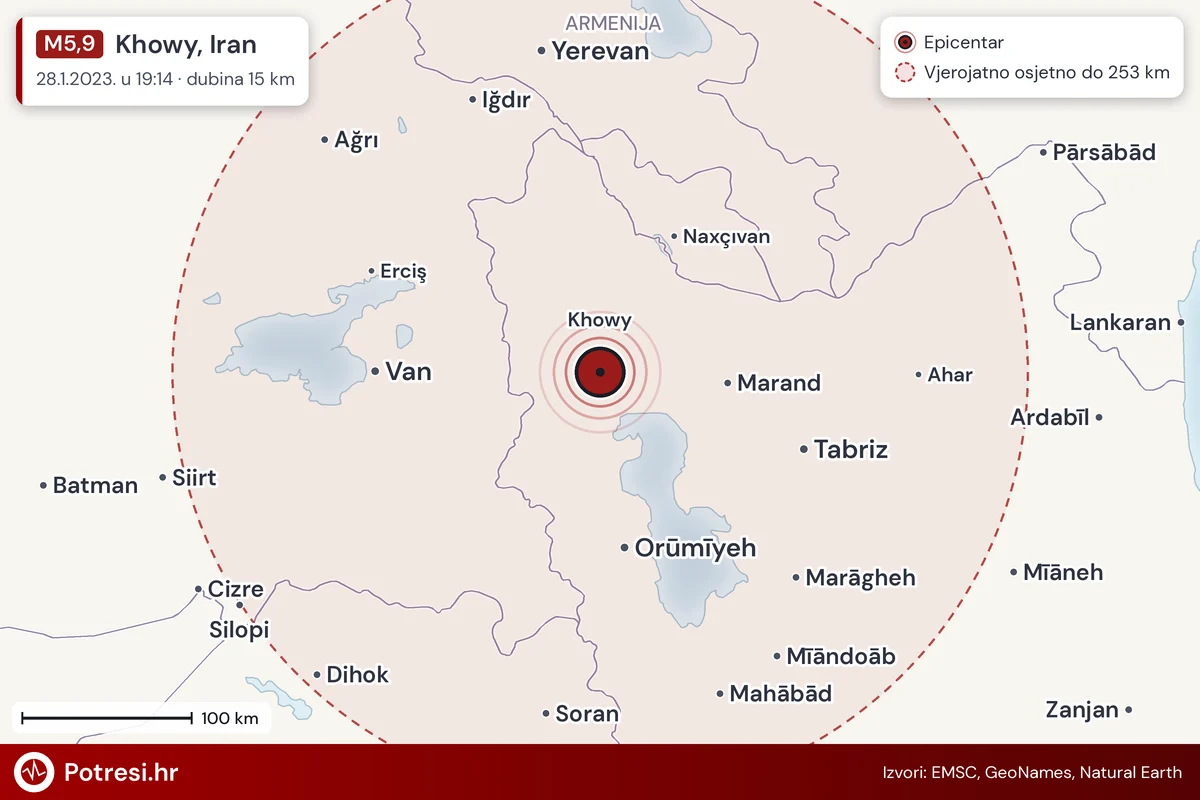 Karta: šire područje i vjerojatni doseg osjeta, potres M5,9, Khowy, Iran, 28.1.2023.