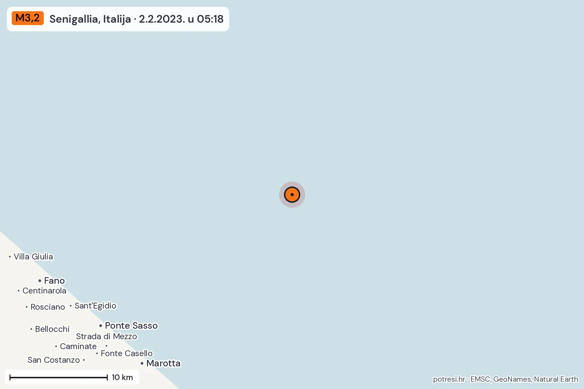 Karta: okolica epicentra, 60 km, potres M3,2, Senigallia, Italija, 2.2.2023.