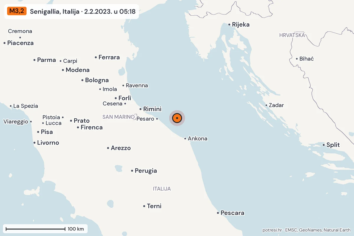 Karta: šire područje, 600 km, potres M3,2, Senigallia, Italija, 2.2.2023.