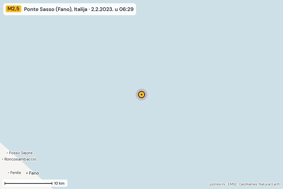Karta: okolica epicentra, 60 km, potres M2,5, Ponte Sasso (Fano), Italija, 2.2.2023.