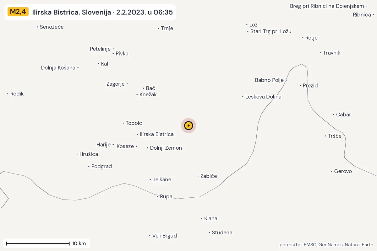 Karta: okolica epicentra, 60 km, potres M2,4, Ilirska Bistrica, Slovenija, 2.2.2023.