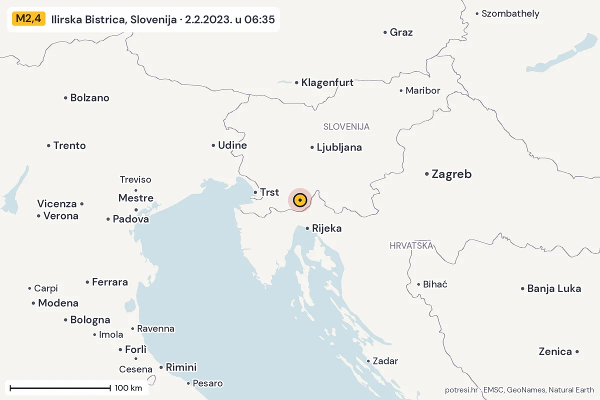 Karta: šire područje, 600 km, potres M2,4, Ilirska Bistrica, Slovenija, 2.2.2023.