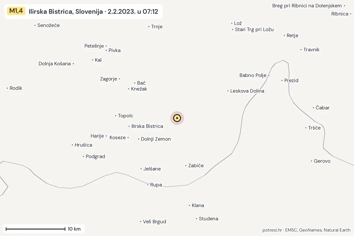 Karta: okolica epicentra, 60 km, potres M1,4, Ilirska Bistrica, Slovenija, 2.2.2023.