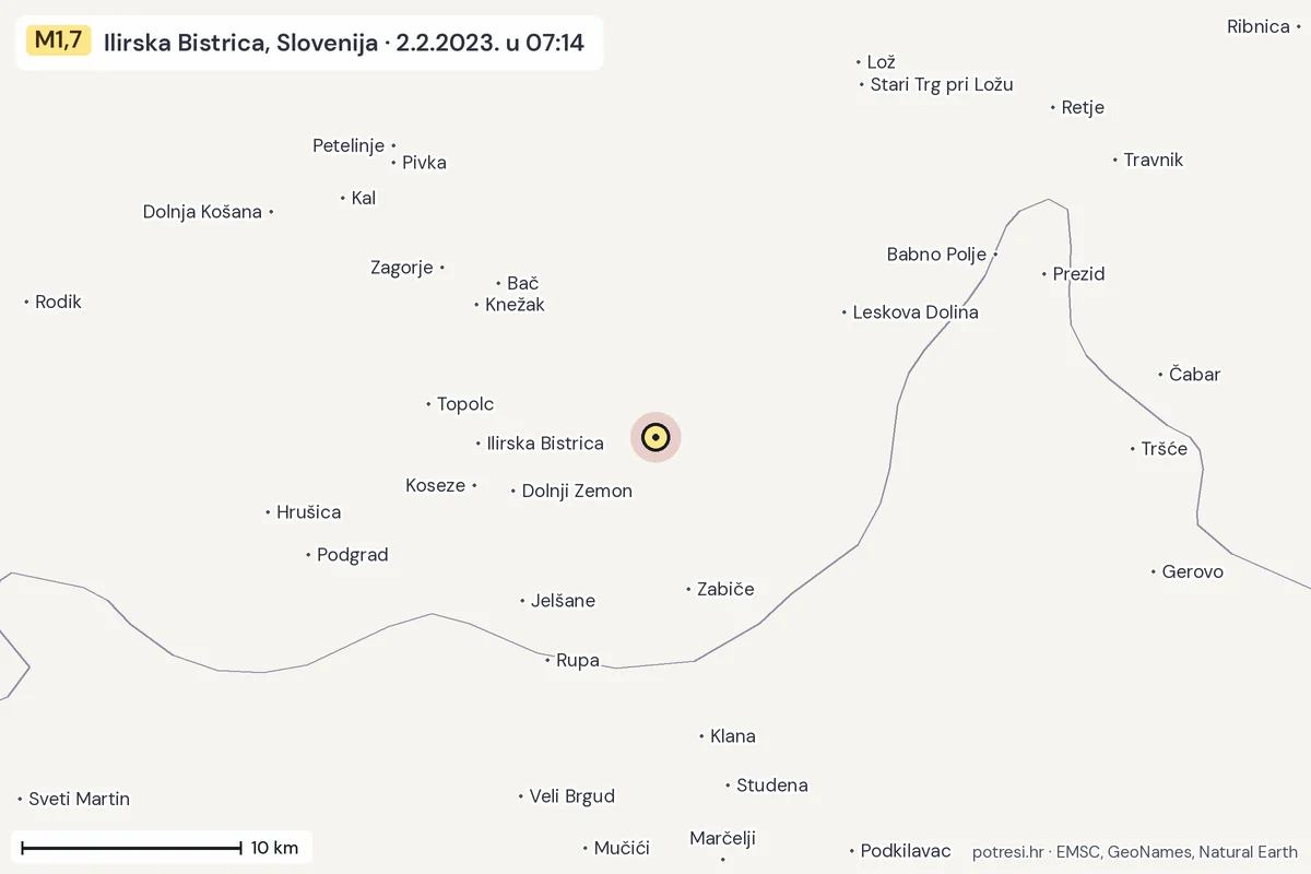 Karta: okolica epicentra, 60 km, potres M1,7, Ilirska Bistrica, Slovenija, 2.2.2023.