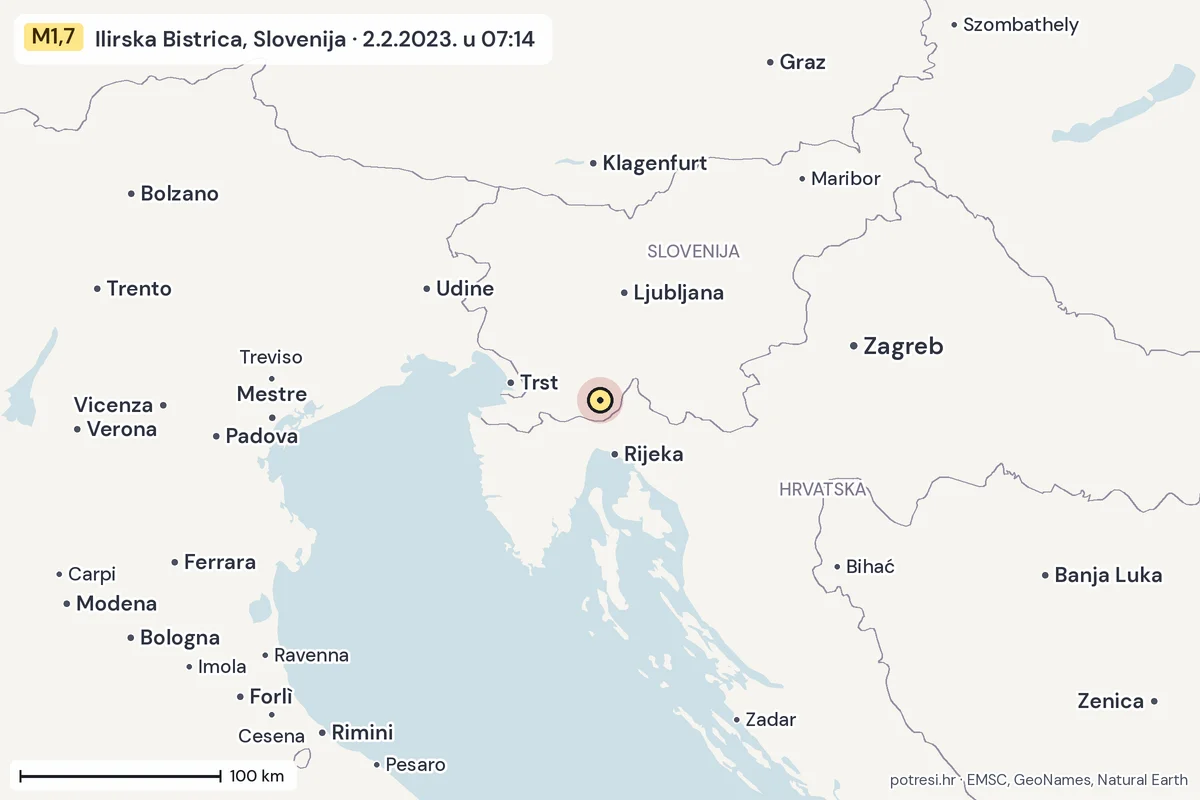Karta: šire područje, 600 km, potres M1,7, Ilirska Bistrica, Slovenija, 2.2.2023.