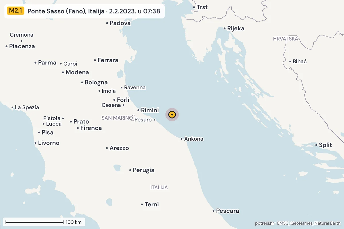 Karta: šire područje, 600 km, potres M2,1, Ponte Sasso (Fano), Italija, 2.2.2023.