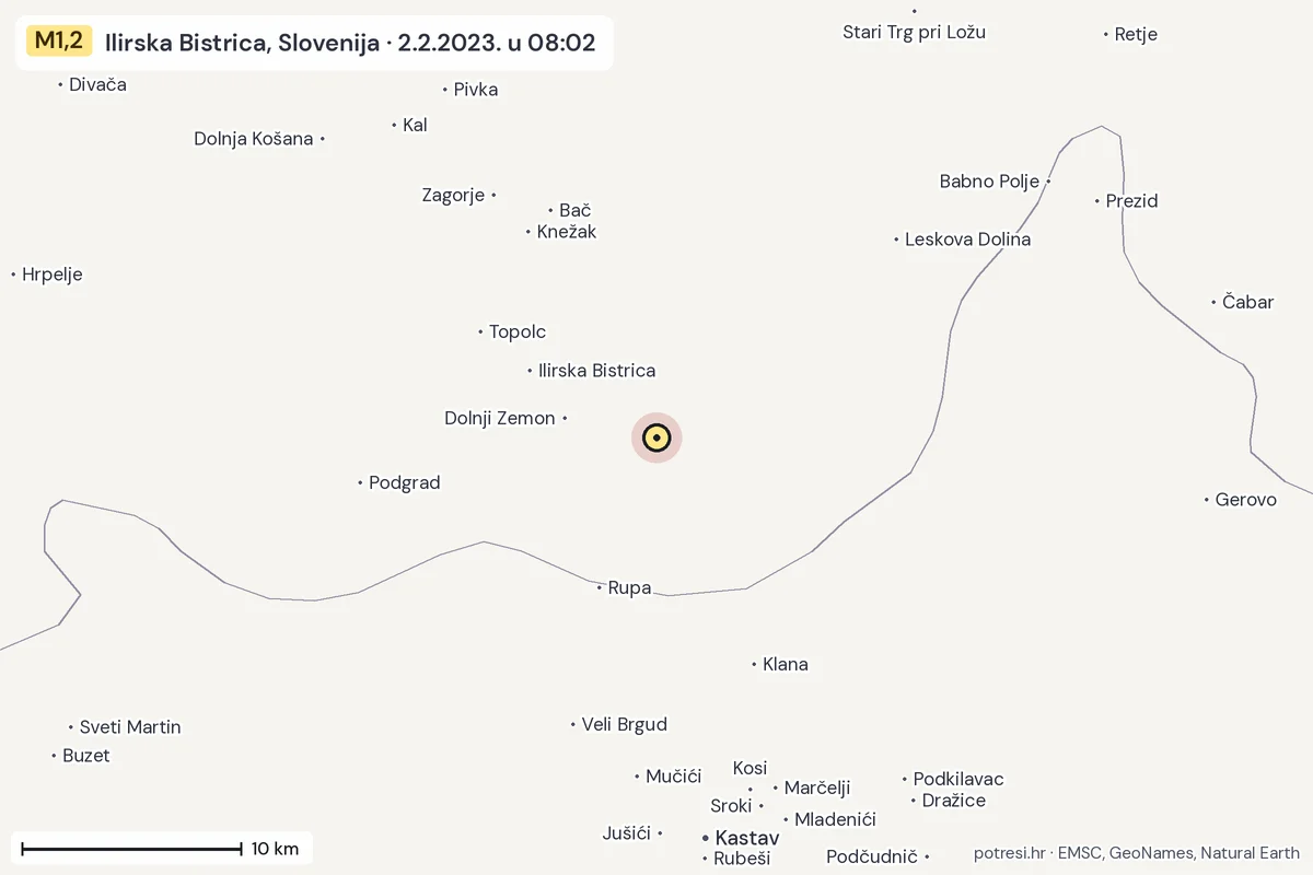 Karta: okolica epicentra, 60 km, potres M1,2, Ilirska Bistrica, Slovenija, 2.2.2023.