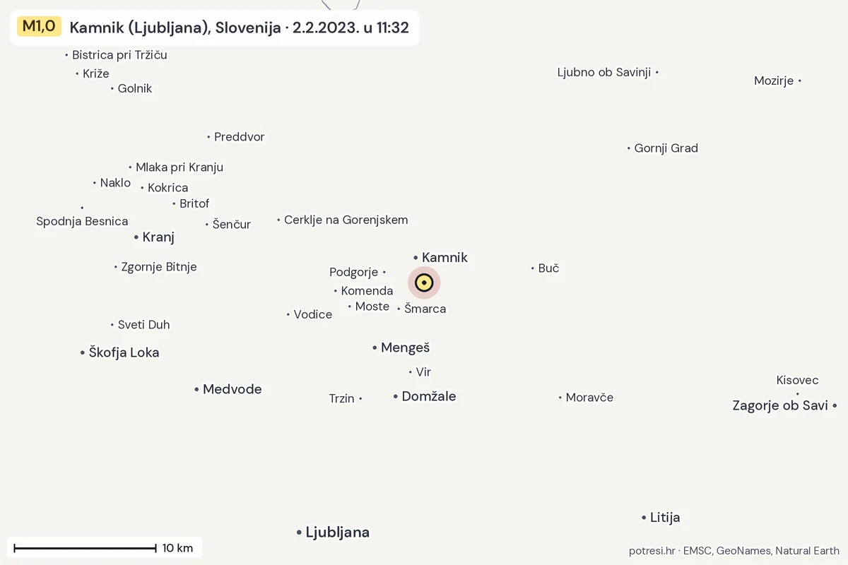 Karta: okolica epicentra, 60 km, potres M1,0, Kamnik (Ljubljana), Slovenija, 2.2.2023.