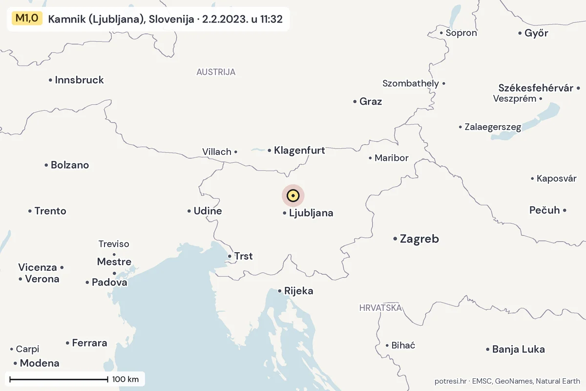 Karta: šire područje, 600 km, potres M1,0, Kamnik (Ljubljana), Slovenija, 2.2.2023.