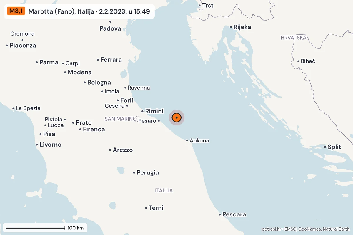 Karta: šire područje, 600 km, potres M3,1, Marotta (Fano), Italija, 2.2.2023.