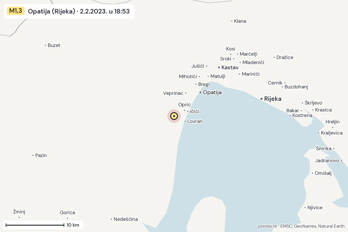 Karta: okolica epicentra, 60 km, potres M1,3, Opatija (Rijeka), 2.2.2023.